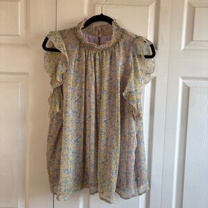 Melloday Smocked Neck Ditsy Floral Pink Yellow Blouse Top XL Bloomcore Whimsy